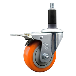 Service Caster 1-1/8 inch expanding stem  stainless steel swivel caster with a 3-1/2 inch orange polyurethane wheel and a total lock brake. Featuring stainless steel components, these casters are ideal for any equipment with round or square tube legs.