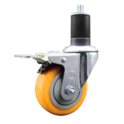 Service Caster 1-5/8 inch expanding stem  stainless steel swivel caster with a 3-1/2 inch yellow polyurethane wheel and a total lock brake. Featuring stainless steel components, these casters are ideal for any equipment with round or square tube legs.