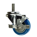 3" Stainless Steel Swivel Threaded Stem Caster with Blue Polyurethane Tread and Brake