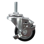 3" Stainless Steel Swivel Threaded Stem Caster with Polyurethane Tread and Brake