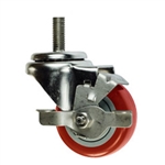 3" metric threaded stem Stainless Steel Swivel Caster with Red Polyurethane Tread and Brake