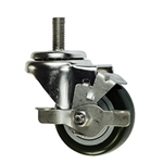 3" Stainless Steel Threaded Stem Swivel Caster with Black Polyurethane Tread and Brake