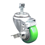 1/2 inch threaded stem stainless steel swivel caster with a 3-1/2 inch green polyurethane tread wheel and brake