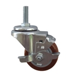 3" Stainless Steel Threaded Stem Swivel Caster with Maroon Polyurethane Tread and Brake
