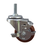 1/2 inch threaded stem stainless steel swivel caster with a 3-1/2 inch maroon polyurethane tread wheel and brake