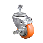 1/2 inch threaded stem stainless steel swivel caster with a 3-1/2 inch orange polyurethane tread wheel and brake