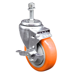 10mm threaded stem stainless steel swivel caster with a 4 inch orange polyurethane tread wheel and brake
