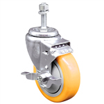 10mm threaded stem stainless steel swivel caster with a 4 inch yellow polyurethane tread wheel and brake