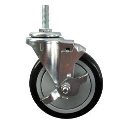 5" Stainless Steel Threaded Stem Swivel Caster with Black Polyurethane Tread Wheel and Brake