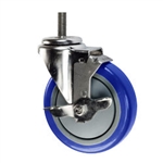 5" Stainless Steel Threaded Stem Swivel Caster with Blue Polyurethane Tread Wheel and Brake