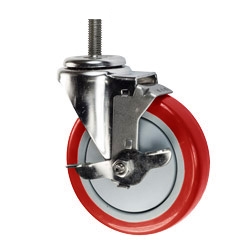 5" Stainless Steel Threaded Stem Swivel Caster with Red Polyurethane Tread Wheel and Brake