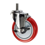 5" Stainless Steel Threaded Stem Swivel Caster with Red Polyurethane Tread Wheel and Brake