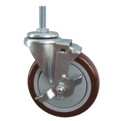 5" Metric Stem Stainless Steel Swivel Caster with Maroon Polyurethane Tread and Brake