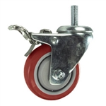 3-1/2" Stainless Steel Threaded Stem Swivel Caster with Red Polyurethane Tread and Total Lock Brake