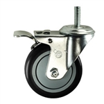 4" Stainless Steel Threaded Stem Swivel Caster with Black Polyurethane Tread Wheel and Total Lock Brake