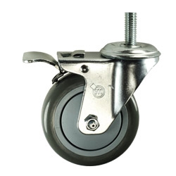 4" Stainless Steel Threaded Stem Swivel Caster with Polyurethane Tread Wheel and Total Lock Brake