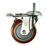 4" Stainless Steel Threaded Stem Swivel Caster with Maroon Polyurethane Tread Wheel and Total Lock Brake