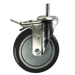 5" Stainless Steel Threaded Stem Swivel Caster with Black Polyurethane Tread Wheel and Total Lock Brake