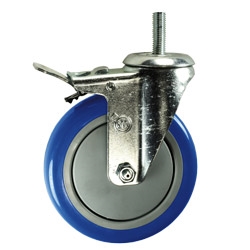 5" Stainless Steel Threaded Stem Swivel Caster with Blue Polyurethane Tread Wheel and Total Lock Brake