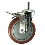 5" Stainless Steel Threaded Stem Swivel Caster with Maroon Polyurethane Tread Wheel and Total Lock Brake