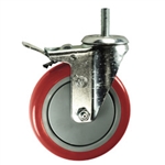 5" Stainless Steel Threaded Stem Swivel Caster with Red Polyurethane Tread Wheel and Total Lock Brake