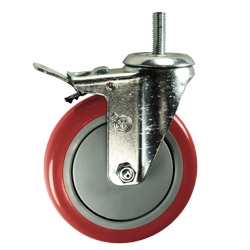 5" Stainless Steel Threaded Stem Swivel Caster with Red Polyurethane Tread Wheel and Total Lock Brake