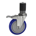 5" Expanding Stem Stainless Steel Swivel Caster with Blue Polyurethane Tread and total lock brake