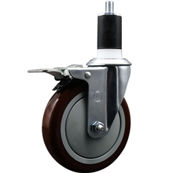 Service Caster swivel caster with a 5 inch Maroon polyurethane wheel. These casters are ideal for work tables, shop projects, and any equipment with round or square tube legs.