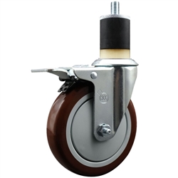 Service Caster swivel caster with a 5 inch Maroon polyurethane wheel. These casters are ideal for work tables, shop projects, and any equipment with round or square tube legs.