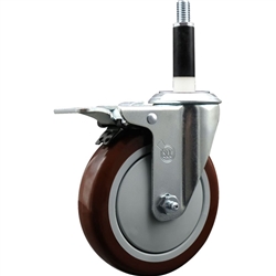 Service Caster swivel caster with a 5 inch Maroon polyurethane wheel. These casters are ideal for work tables, shop projects, and any equipment with round or square tube legs.