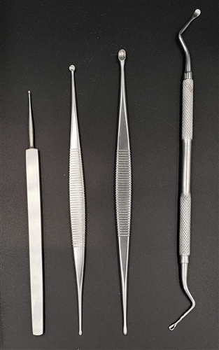 stainless steel double-ended dermal curette with 2.5 and 3.5 millimeter cups