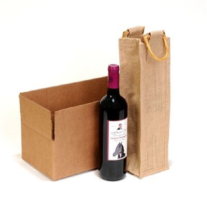 1 Bottle Natural Laminated Jute Wine Bag With Cane Handle
