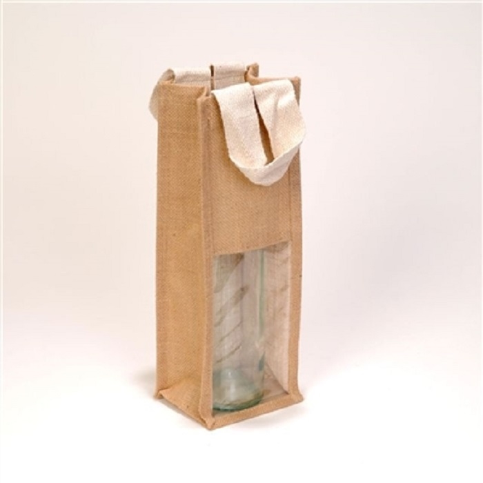 1 Bottle Natural Laminated Jute Wine Bag With White Flat Cotton Web Handle