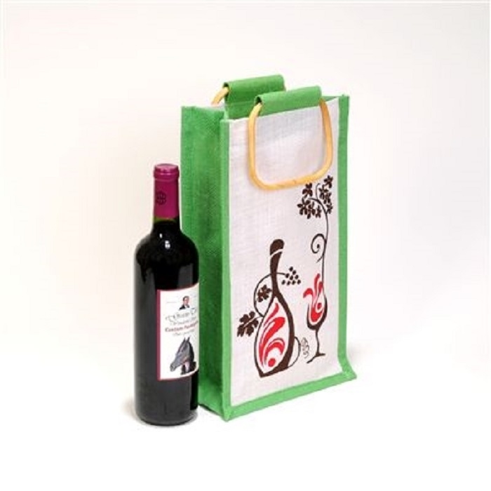 2 Bottle White/Green Laminated Jute Wine Bag