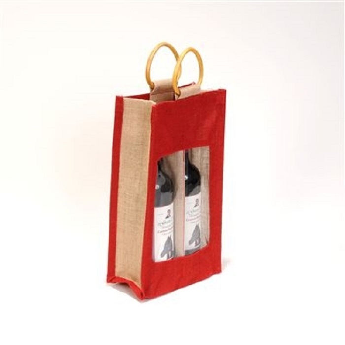 2 Bottle Red Laminated Jute Wine Bag