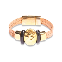 Cork Bracelet Natural with gold medallion and black ceramic beads