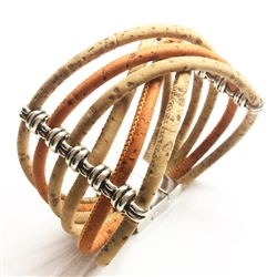 Cork Bracelet 6 Strands Orange and Natural magnetic clasp