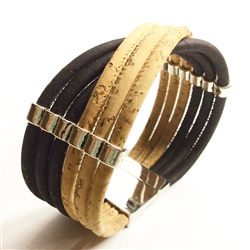 Cork Bracelet 6 Strands Black and Natural magnetic clasp