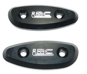 Suzuki Mirror Caps Anodized Black Engraved with LRC. (product code# A2802BLRC)