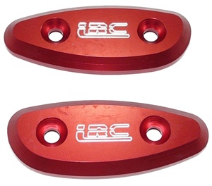 Suzuki Mirror Caps Anodized Red Engraved with LRC. (product code# A2802RLRC)