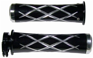 ANODIZED BLACK SUZUKI GRIPS, CURVED IN, CRISS CROSSED, FLAT ENDS (PRODUCT CODE# A3251B)