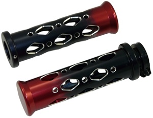 UNIVERSAL ANODIZED BLACK/RED GRIPS WITH FLAT ENDS & DIAMOND CUT-OUT, SEE FITMENTS BELOW (PRODUCT CODE: A4286BR)