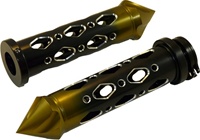 UNIVERSAL ANODIZED BLACK/GOLD GRIPS WITH SPIKE END & DIAMOND CUT-OUT, SEE FITMENTS BELOW (PRODUCT CODE: A4286PBG)