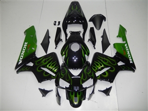 Motorcycle Fairings Kit - 2003-2004 Honda CBR600F5 Black/Green Flame Fairings | F503047