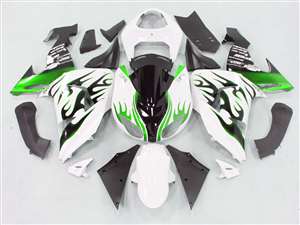 Motorcycle Fairings Kit - 2006-2007 Kawasaki ZX10R White/Metallic Green Flame Fairings | NK10607-40