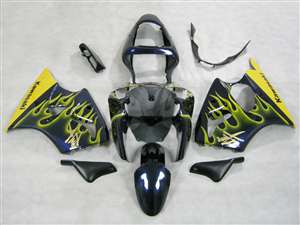 Motorcycle Fairings Kit - Kawasaki 2000-2002 ZX6R and 2005-2009 ZZR600 Yellow Flame Kanji Fairings | NK60002-22