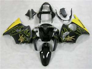 Motorcycle Fairings Kit - Kawasaki 2000-2002 ZX6R and 2005-2009 ZZR600 Yellow Flame Kanji Fairings | NK60002-33