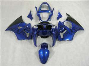 Motorcycle Fairings Kit - Black Flame on Metallic Blue Kawasaki 2000-2002 ZX6R and 2005-2009 ZZR600 Motorcycle Fairings | NK60002-38