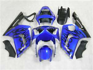 Motorcycle Fairings Kit - 2003-2004 Kawasaki ZX6R Black Flame/Blue Fairings | NK60304-13