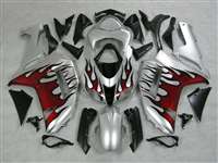 Motorcycle Fairings Kit - 2007-2008 Kawasaki ZX6R Silver/Red Flame Fairings | NK60708-15